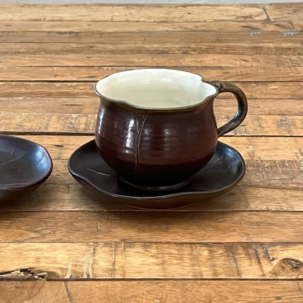 Japanese Pottery Ceramic Tea Cup & Plates 3 Piece Dark Brown Glaze Lotus Leaf